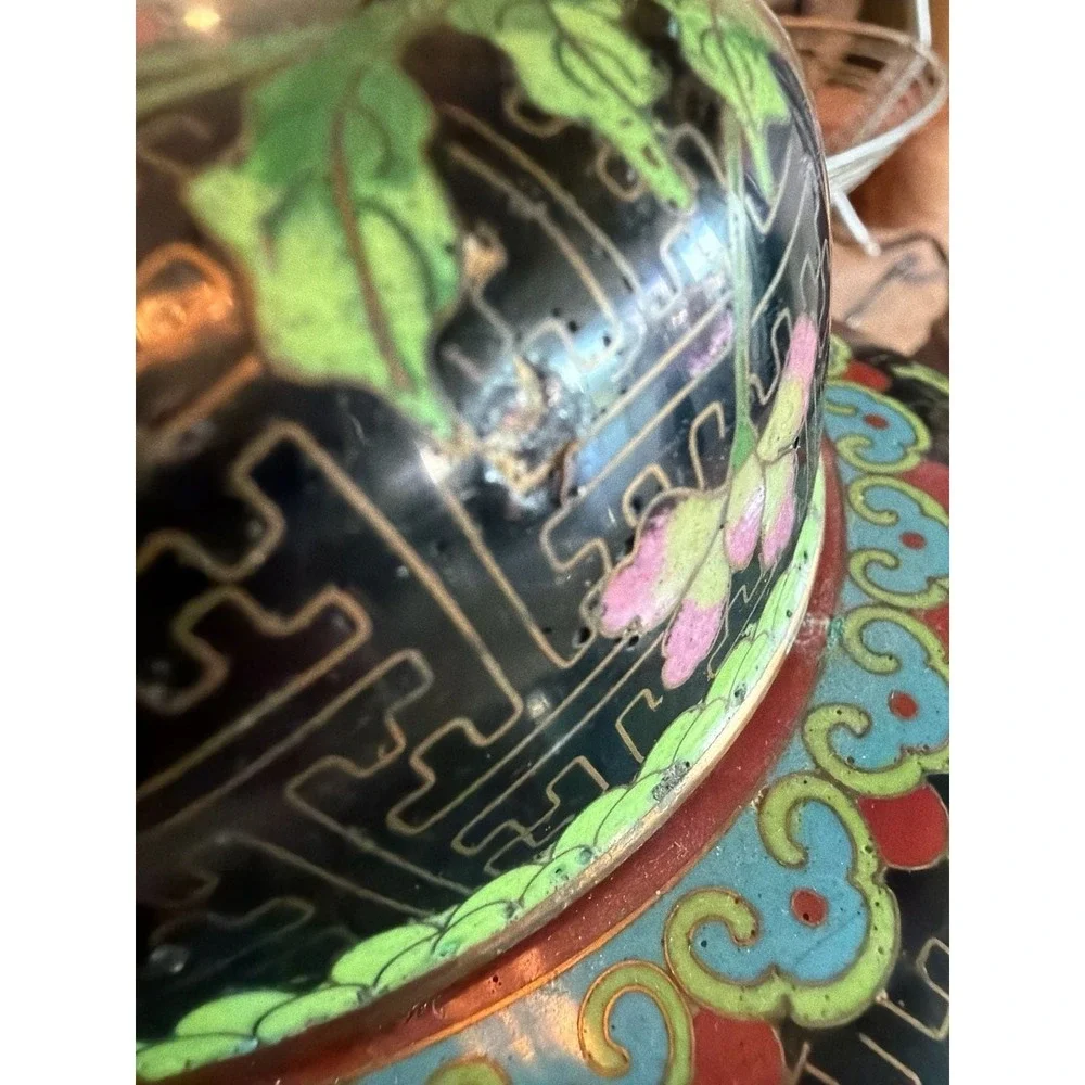 Vintage Chinese Cloisonne Black‎ Enamel Ginger Jar with Floral Design 10